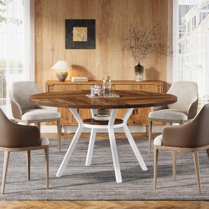 Table à Manger Ronde En Bois 120 Cm - Pour 4 à 6 Personnes - Style Industriel Avec étagère Ouverte
