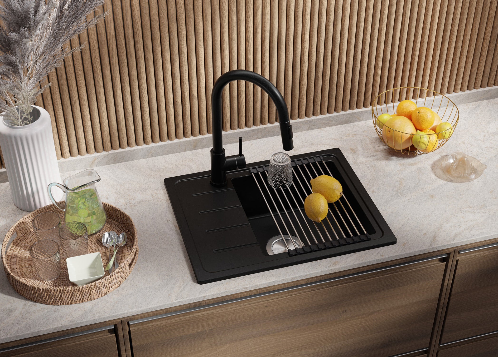 Evier Cuisine en Granit Noir 55x44cm, Lavabo 1 bac + Kit de Vidage, Évier à Encastrer au meuble 45cm - Copenhague Easy PRIMAGRAN - 2