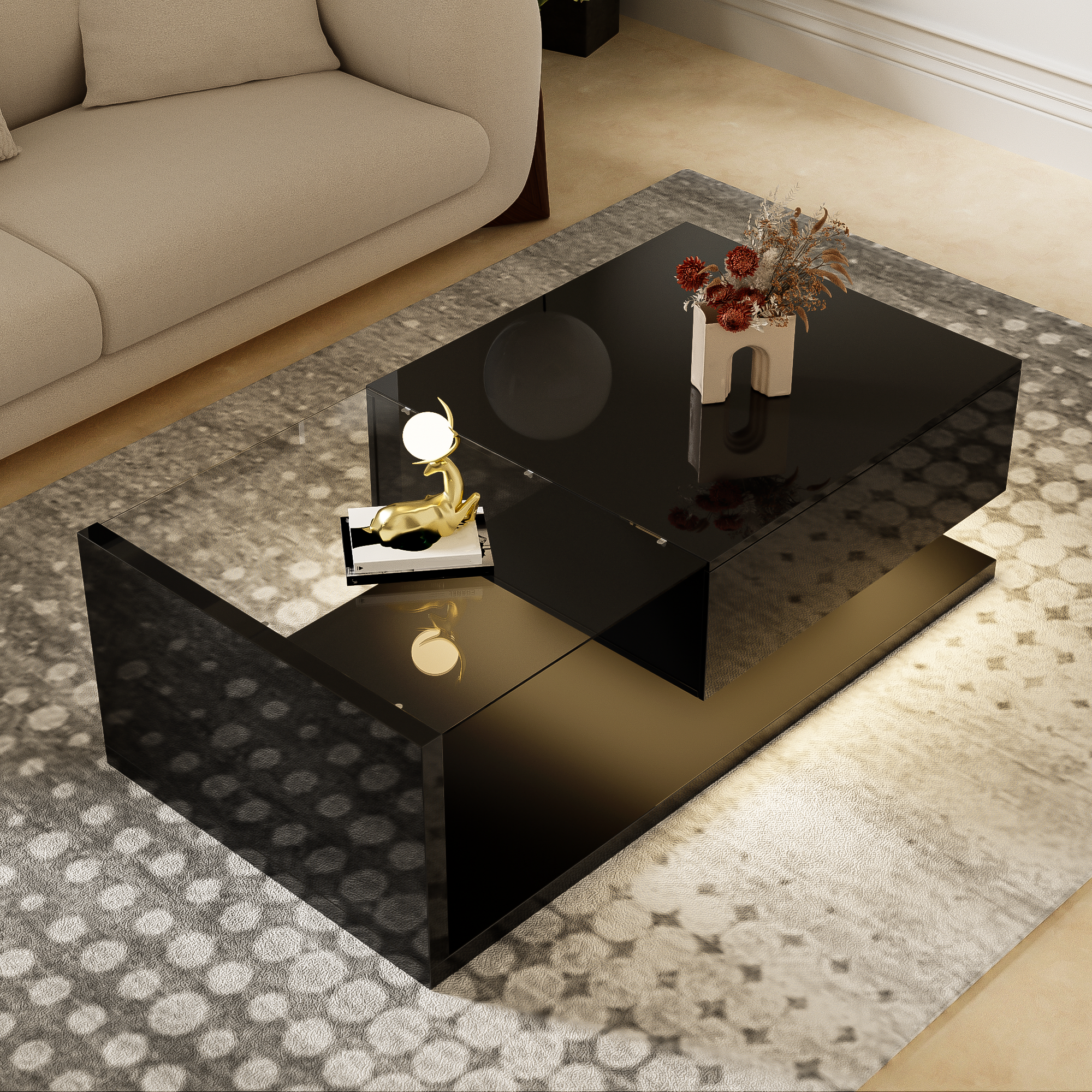 Table basse avec LED - en verre et panneaux de particules - Noir - 3