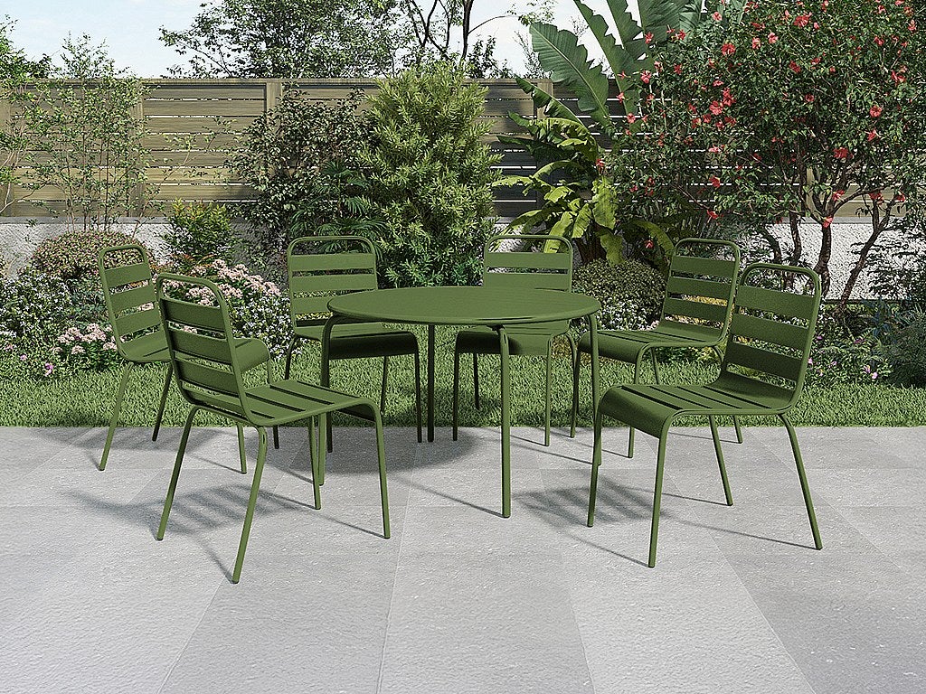 Metalowy zestaw jadalny ogrodowy - okrągły stół śr.130cm i 6 sztaplowanych krzeseł - Kaki - MIRMANDE od MYLIA