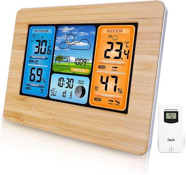 Station météo numérique sans Fil avec capteur extérieur, thermomètre intérieur et extérieur avec Temps, température, humidité, baromètre, réveil