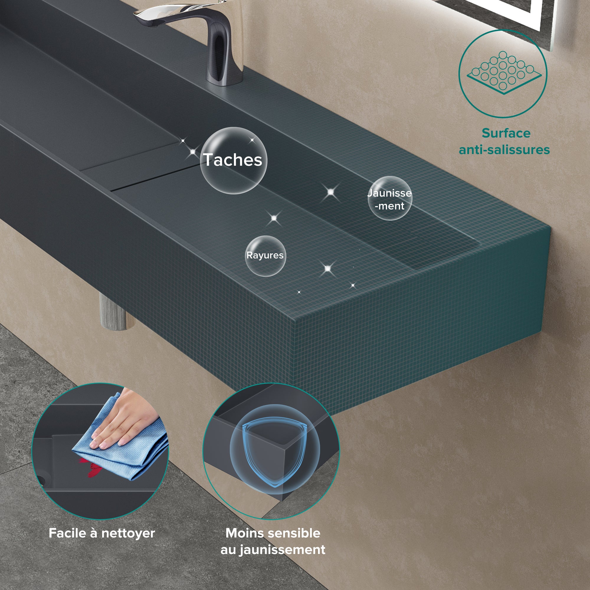 Lavabo Suspendu, Vasque à Poser, Lave-Mains Rectangulaire, 80cm, Gris Noir Mat, avec Cache Bonde, pour Salle de Bains, Colossum6028 doporro - 3