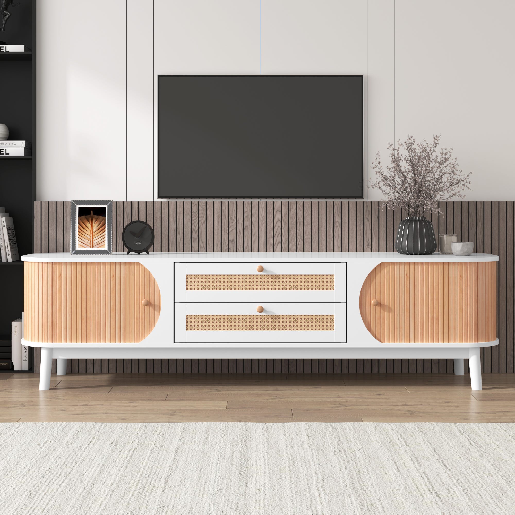 Meuble TV 170cm En Bois Massif Et Rotin 2 Tiroirs Et 2 Portes Style Meuble TV 170cm En Bois Massif Et Rotin 2 Tiroirs Et 2 Portes Style
