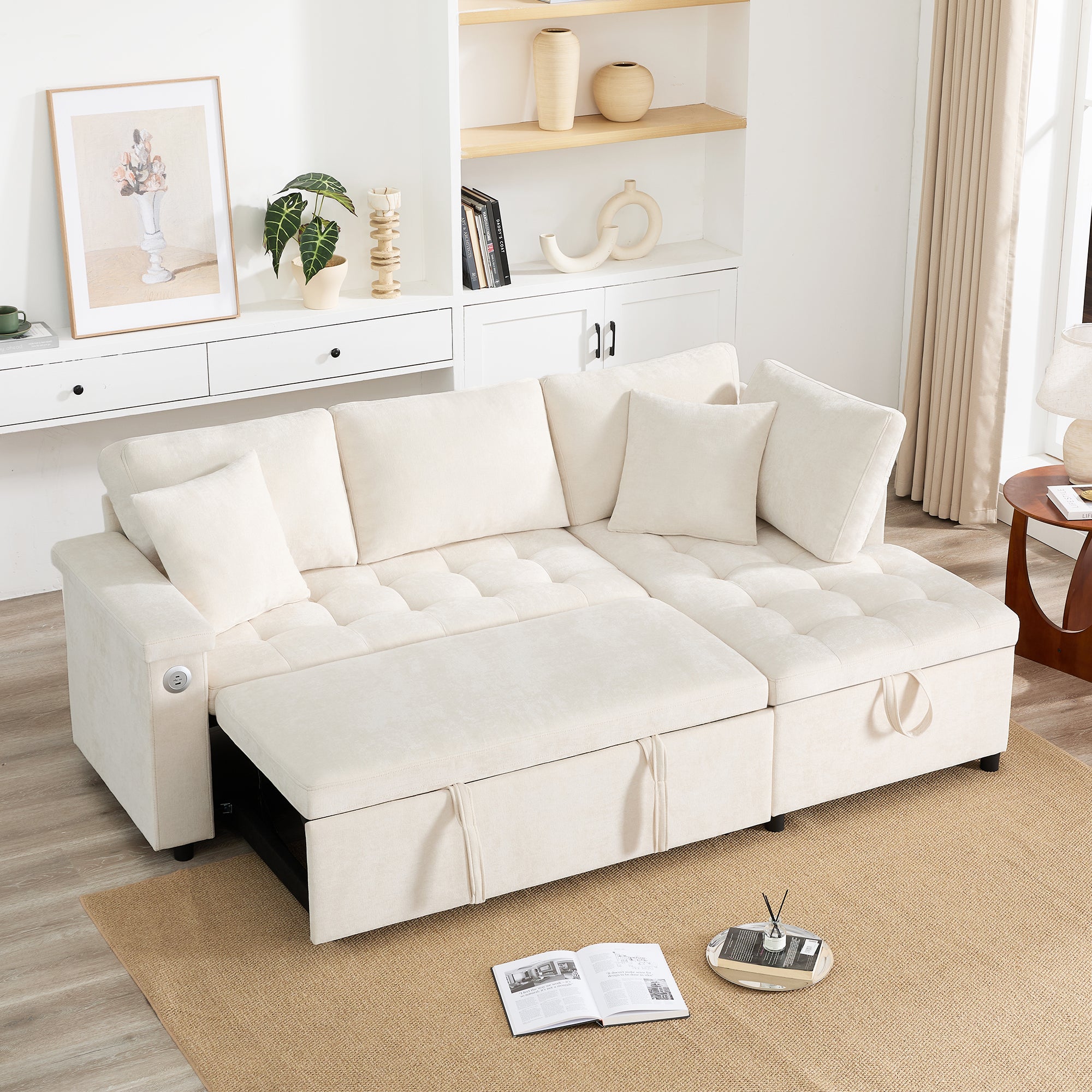 Narożnik 3-osobowy z funkcją spania, portem USB i uchwytem na kubek - 209 x 130 x 84 cm - Tkanina szenilowa - do salonu - Beżowy