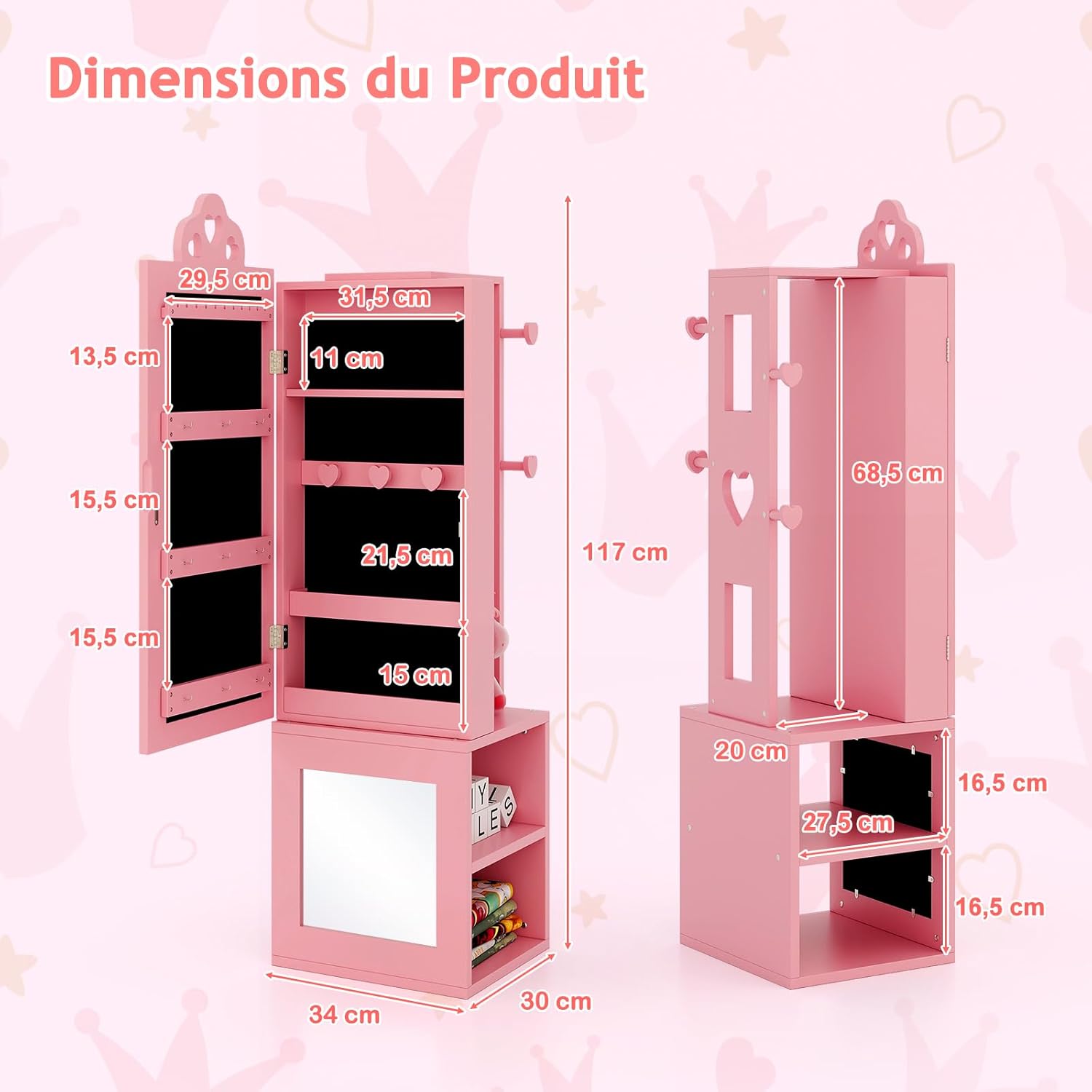 Armoire à Bijoux Enfant, 3 en 1 Armoire de Bijoux sur Pied avec Miroir Pleine Longueur, Porte-vêtements, Kit Anti-basculement, Motif Cœur (Rose) - 6