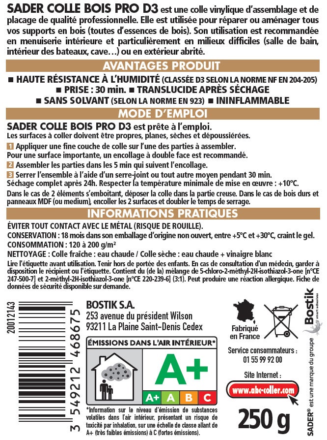 Colle à bois progressive Pro d3 SADER, 250g - 2