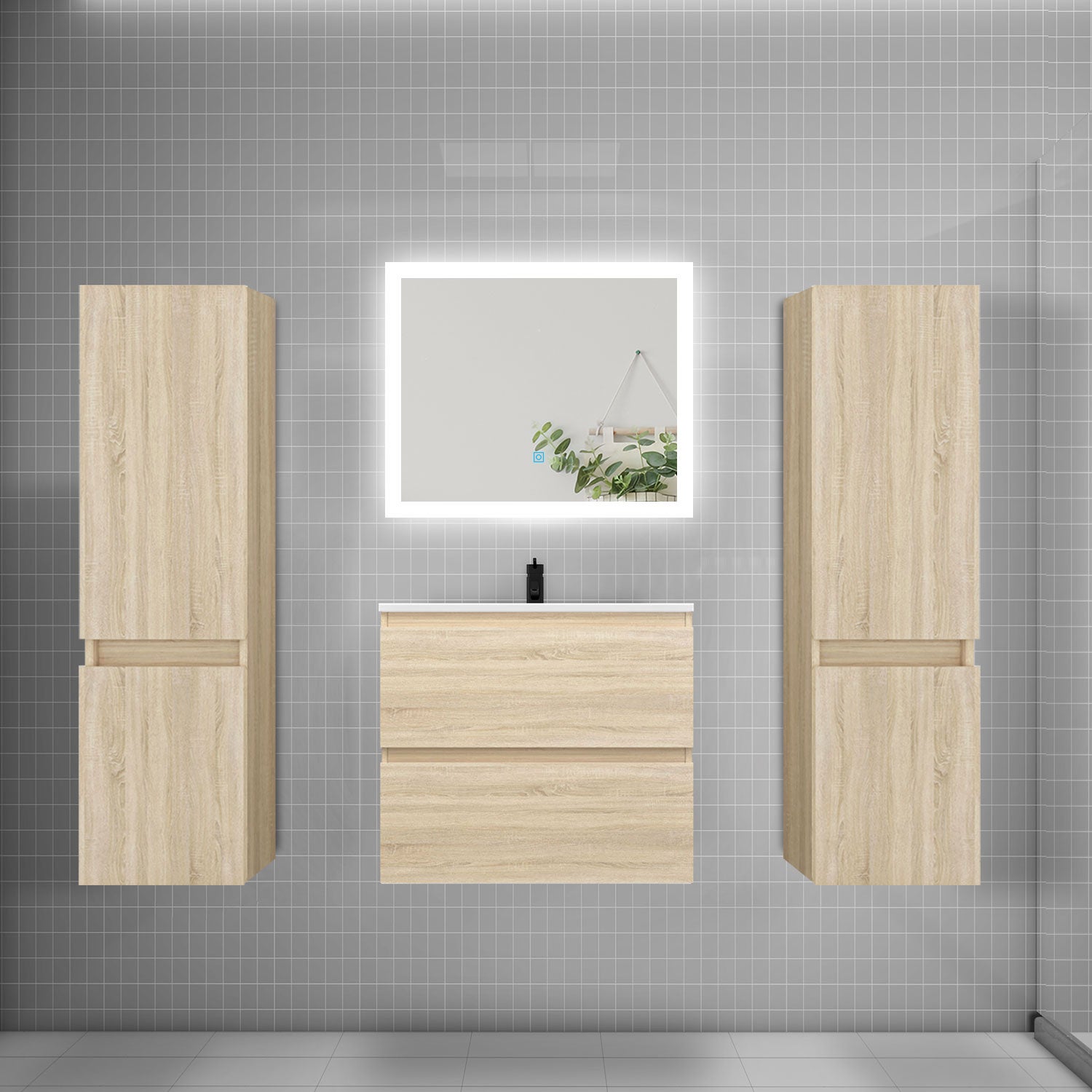 Vicco Ensemble Meubles Salle De Bain NIKO Anthracite/Viking Oak Avec Miroir