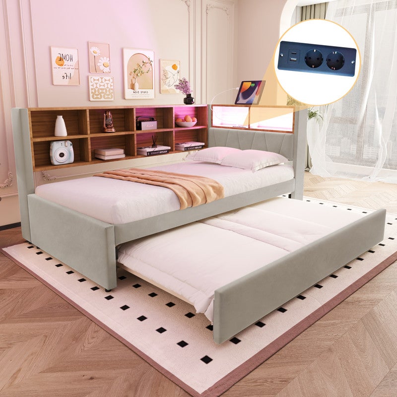 Sofa rozkładana 90x200 - z łóżkiem wysuwanym 90x190 cm - z gniazdem USB - dużo miejsca do przechowywania - łóżko tapicerowane - Jasnoszary