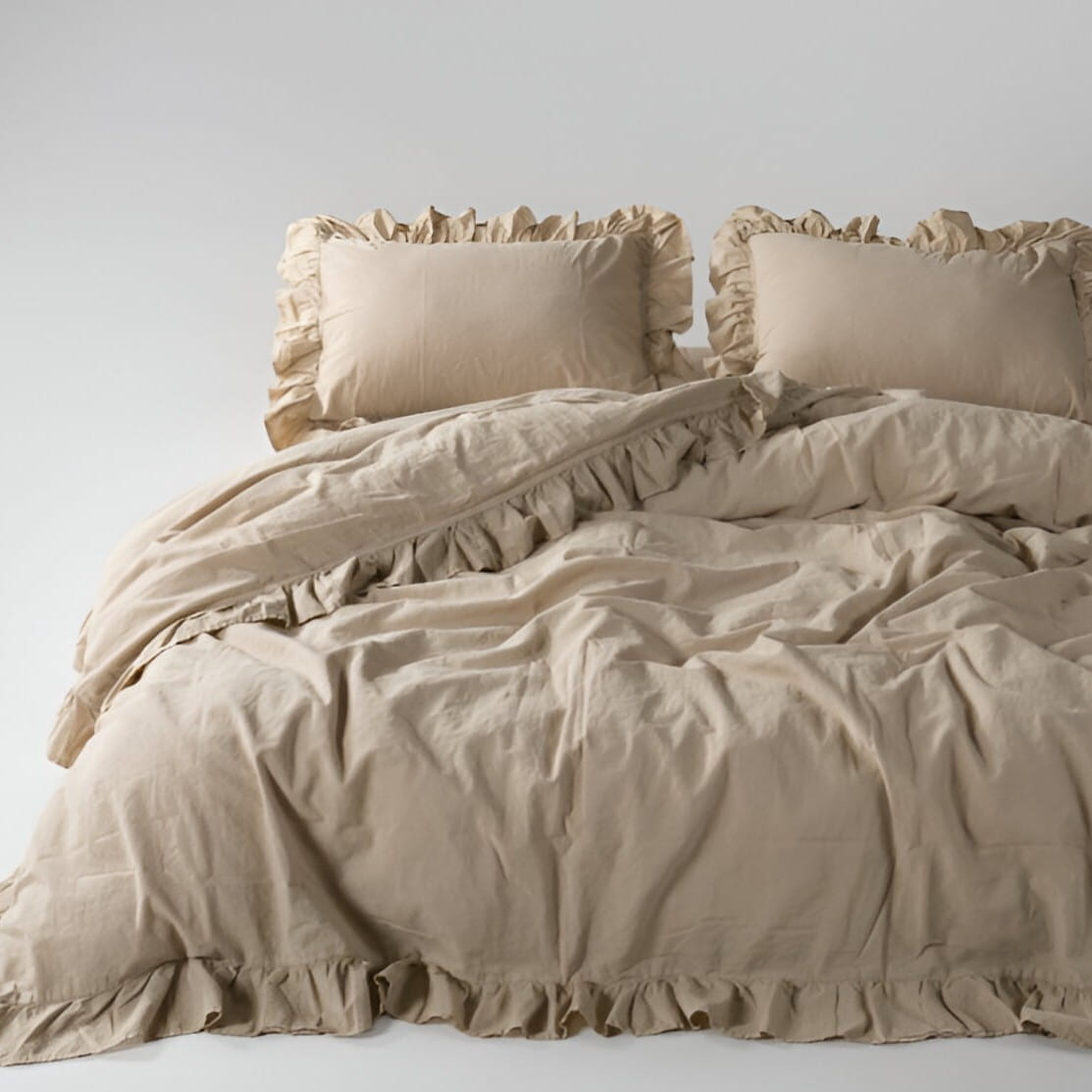 Pościel bawełniana z falbanką 160x200 Stonewashed Exclusive, Oxfordtan, beżowa - Limasso