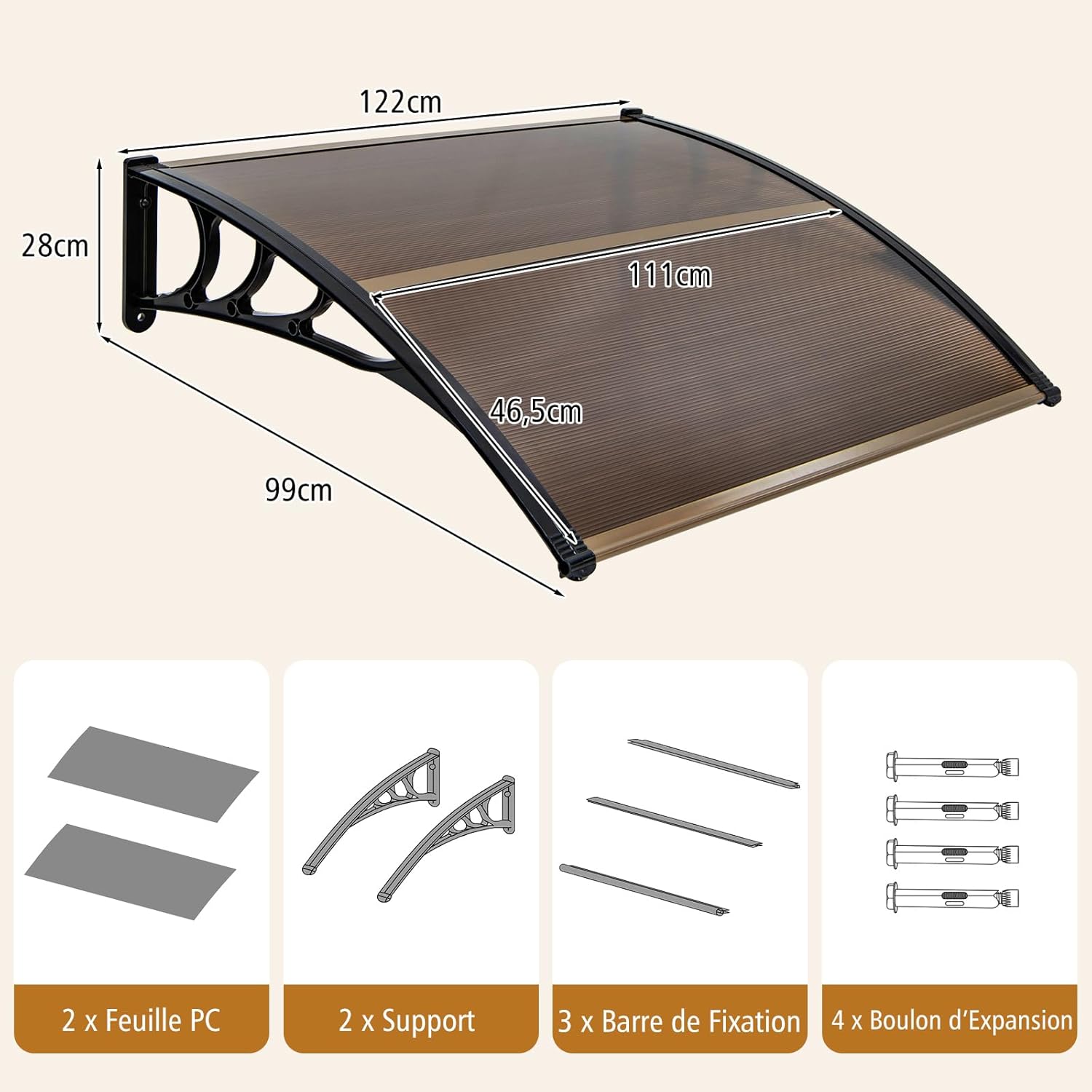 122 x 99 cm Toldo para porta de entrada Proteção solar, Toldo para portas e janelas exteriores Placa de policarbonato castanho - 5
