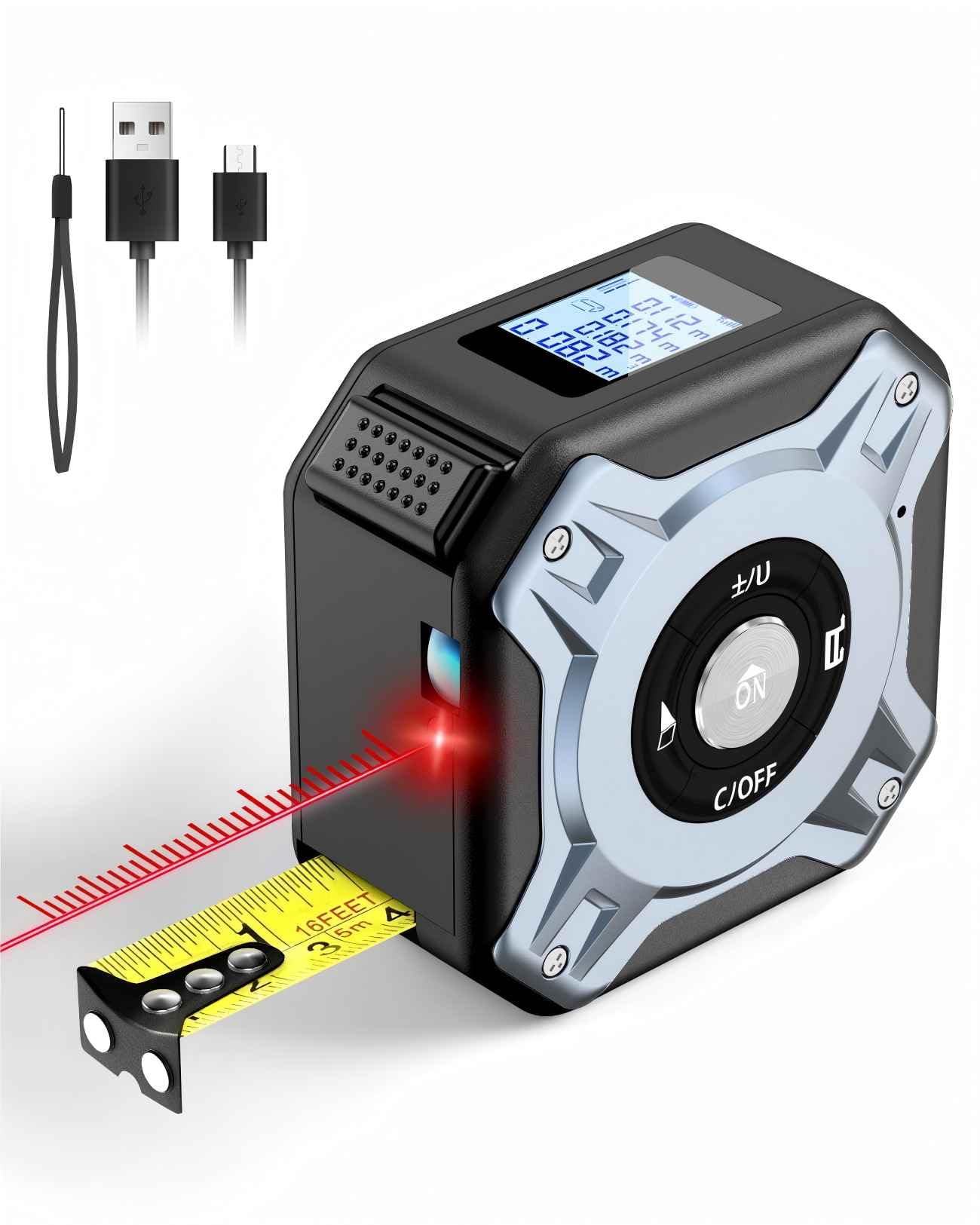 Laserowa taśma miernicza 2w1 Dalmierz 40m + Taśma miernicza 5m USB-C Akumulator LCD Wyświetlacz Tryby M/in/Ft IP56 do Majsterkowania i Dekoracji