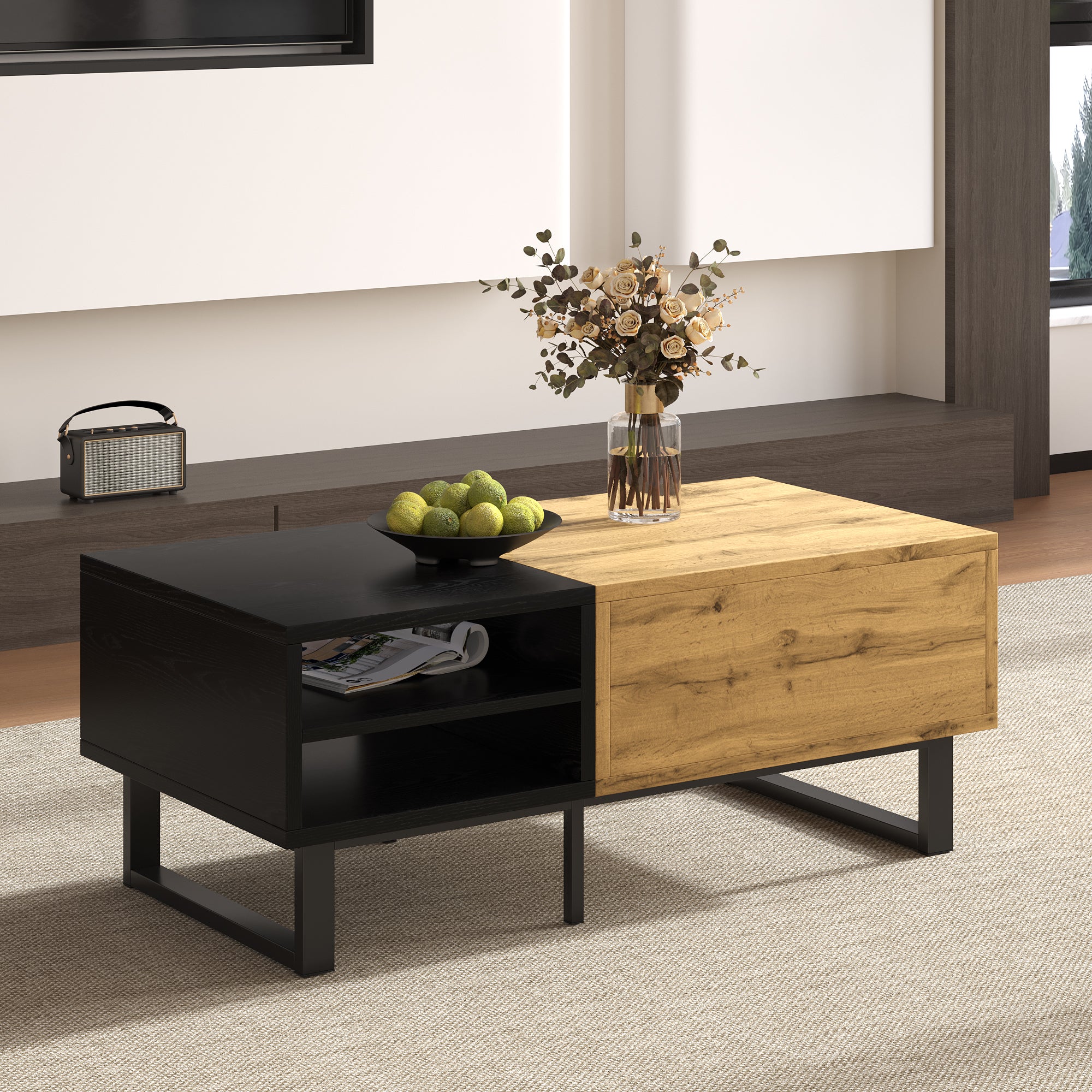 Table basse, table de salon avec structure color block, avec compartiments et tiroirs, pieds en métal. - 3