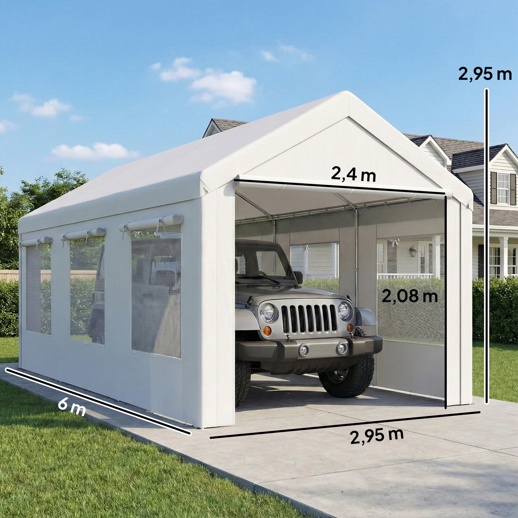 Abri de voiture - Outsunny - protection UV30+ hauteur réglable 6 fenêtres et moustiquaire - acier galvanisé - 3x6m - blanc - 3