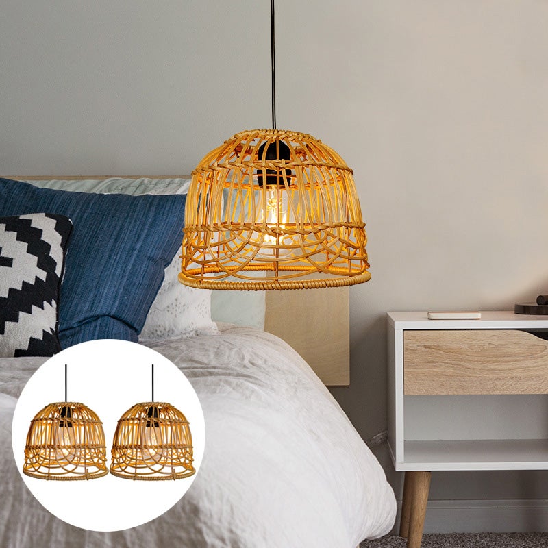 Zestaw 2 zewnętrznych lamp wiszących do altan, dekoracyjne lampy LED z rattanu, ciepłe światło, podstawa E27, cylindryczny pojemnik na baterie 4AA