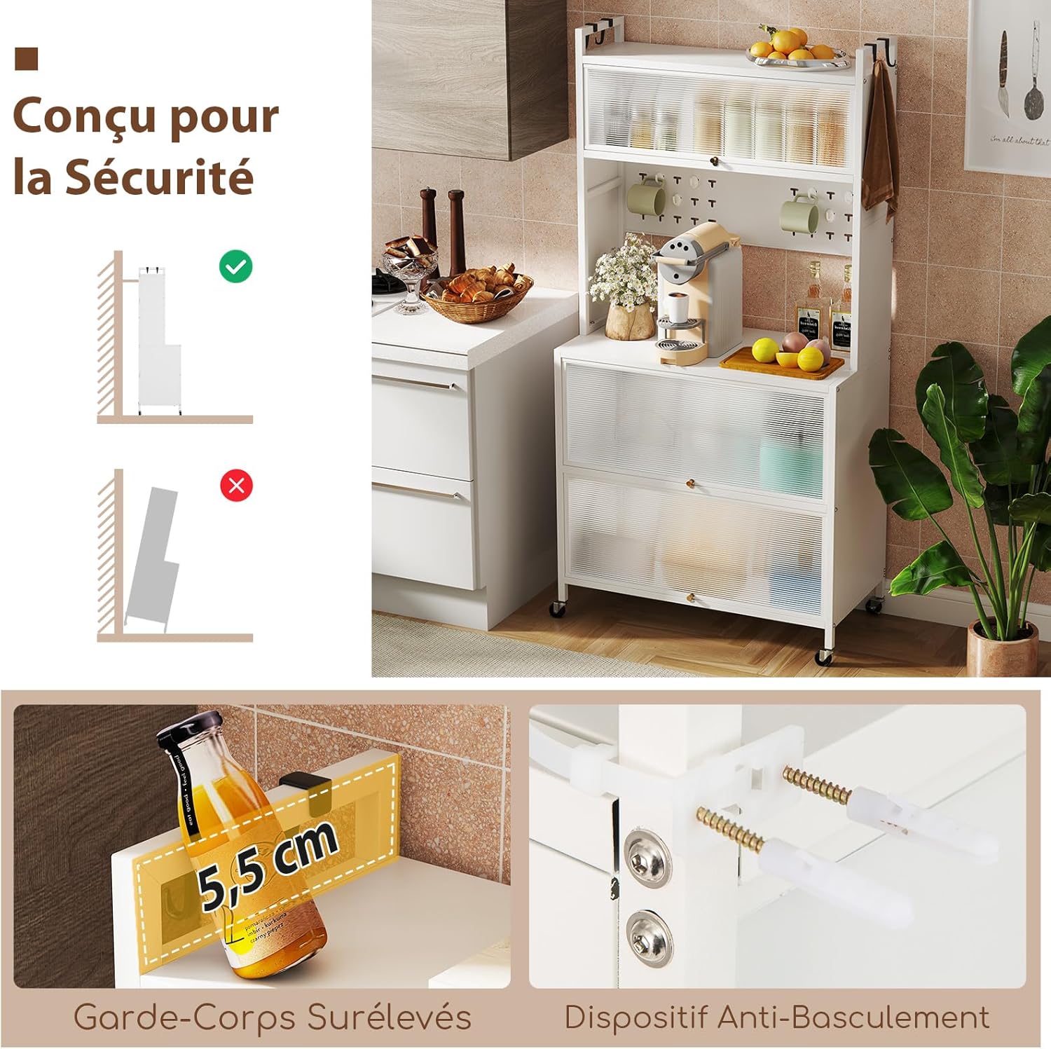 Aparador Alacena de Cocina, Soporte para Microondas con Puertas Inclinables y Gabinetes, Panel de Perforaciones con Ganchos, Ruedas y Patas Aj - 8