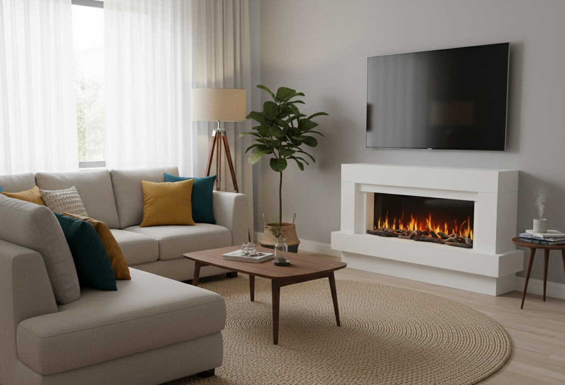 CHEMIN'ARTE - Chimenea eléctrica de suelo Linéa blanca - Efecto llamas LED - WIFI - Mando a distancia - Sonido de crepitar - Calefacción 2000W - 2