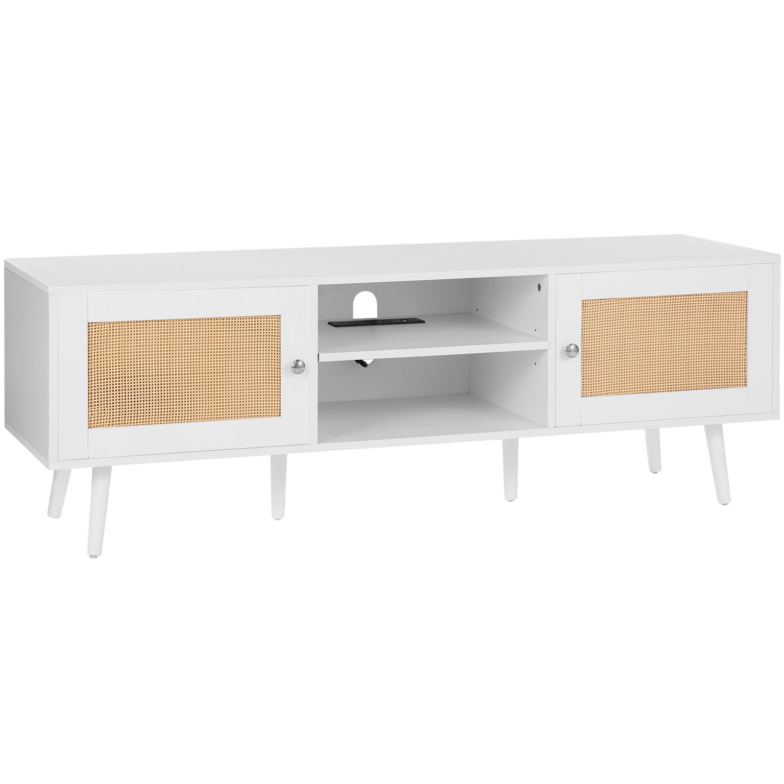 Meuble TV VEVOR en Rotin, pour Téléviseur 65 Pouces, Banc TV Bohème avec Porte en Rotin, Centre de Divertissement avec Prise Intégrée et Ports USB - 9