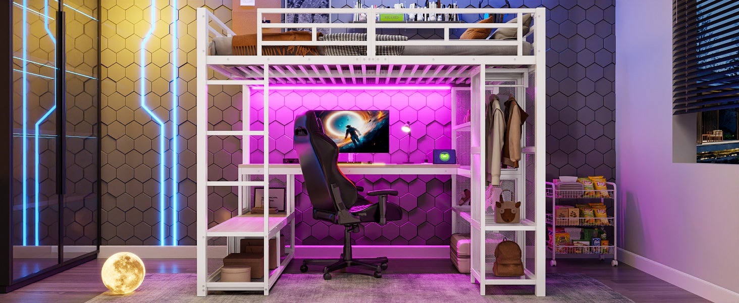 Metalowe łóżko piętrowe 140x200 cm - z biurkiem i półkami - z otwartą szafą - portem USB i oświetleniem LED - białe - 6