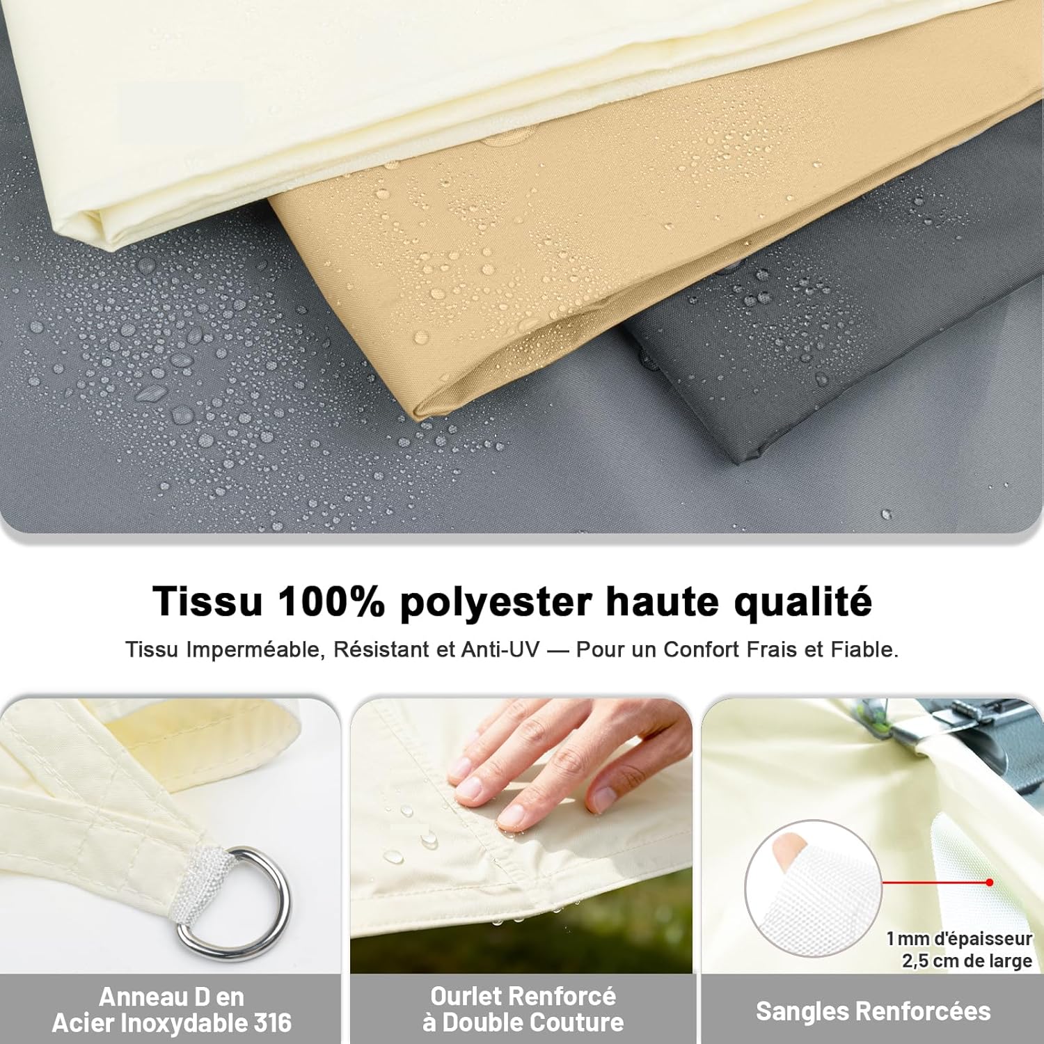 Voile d'ombrage Triangulaire Imperméable 3x3x3m Toile Ombrage PES avec 95% UV Protection pour Patio Extérieur Jardin Terrasse, beige - 4