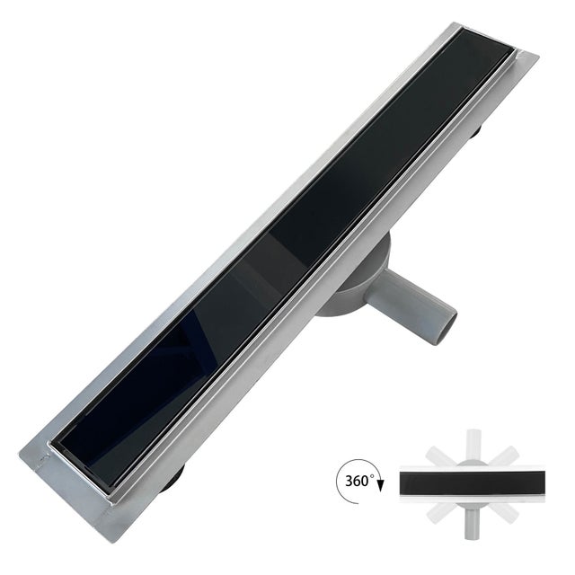 DUKA Caniveau de douche L.110 cm verre noir inox avec siphon 360°, drainage performant