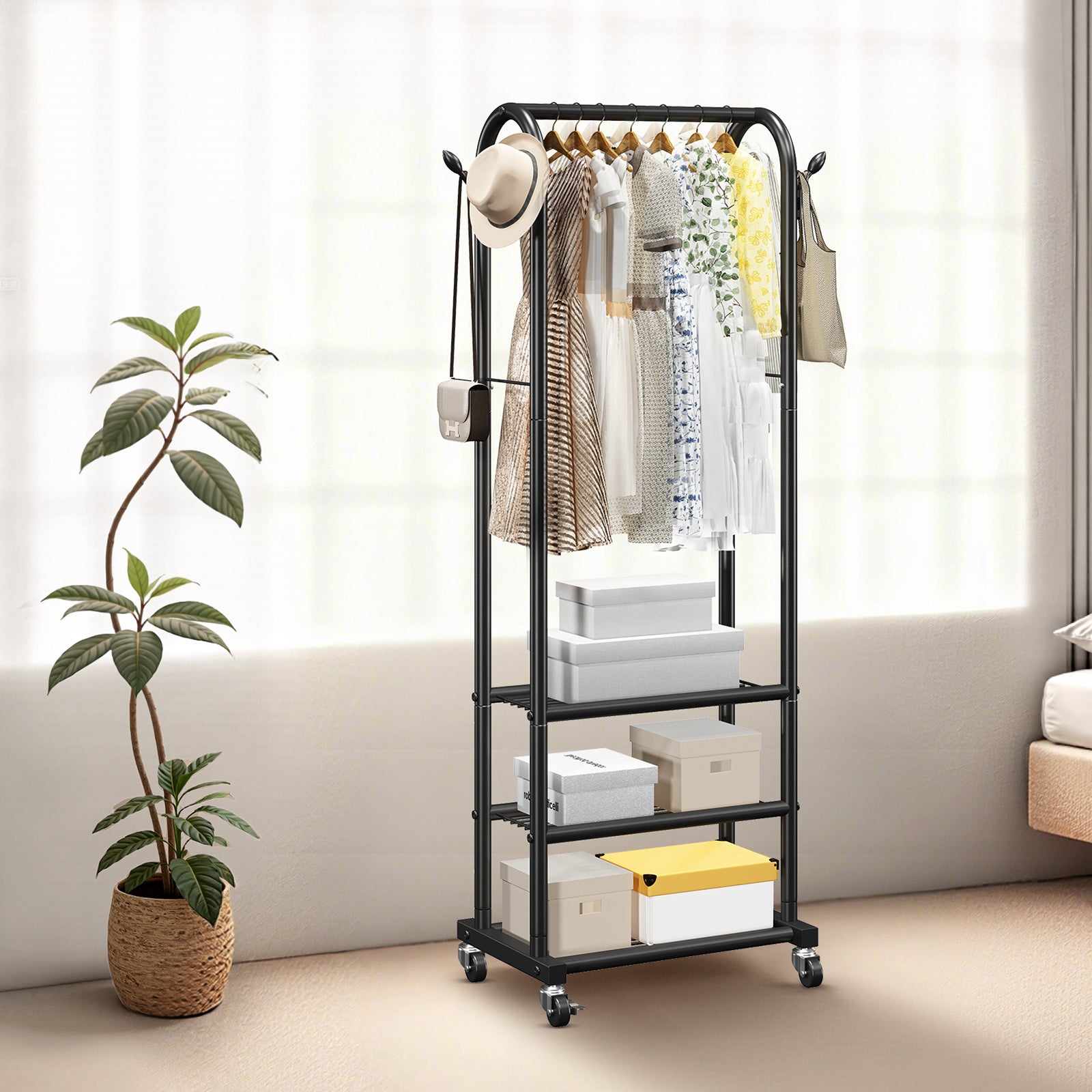 Portant à vêtements VEVOR, acier carbone, roulant avec tringle et crochets latéraux, 3 étagères, charge 45 kg, pour chambre/buanderie/salon - 8