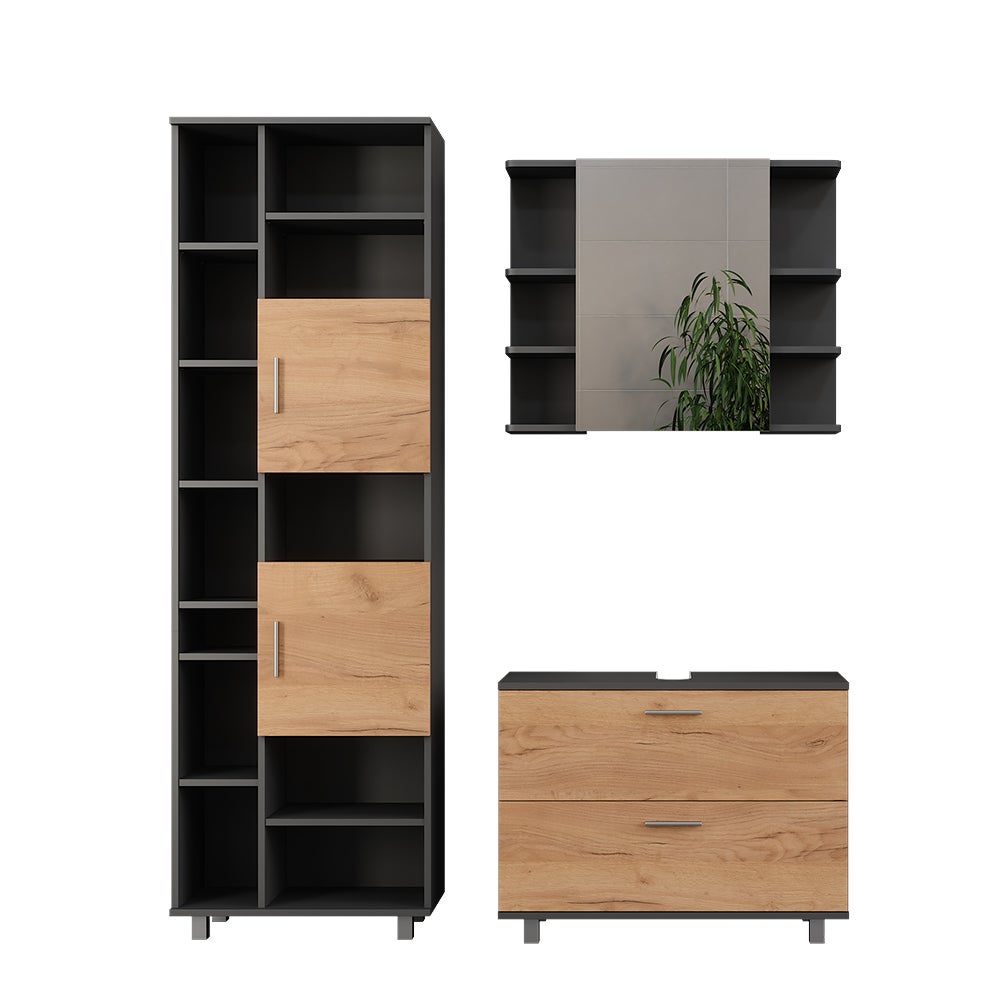 Vicco Zestaw mebli łazienkowych Ilias, Złoty dąb power/antracyt, 3 części, z wysoką jednostką