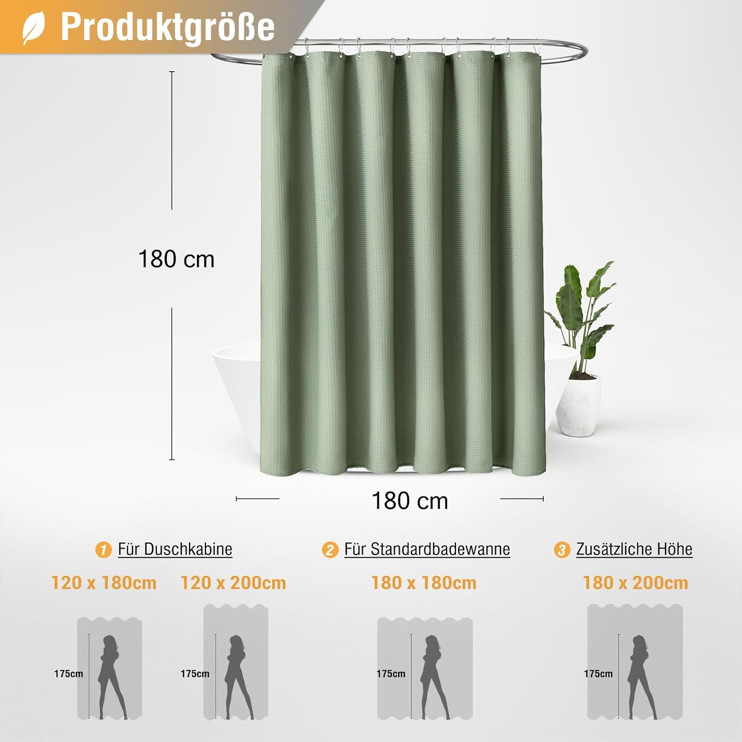 Rideau De Douche Imperméable 180x180 Cm - Tissu Polyester Gaufré, 12 Anneaux Inclus, Gris