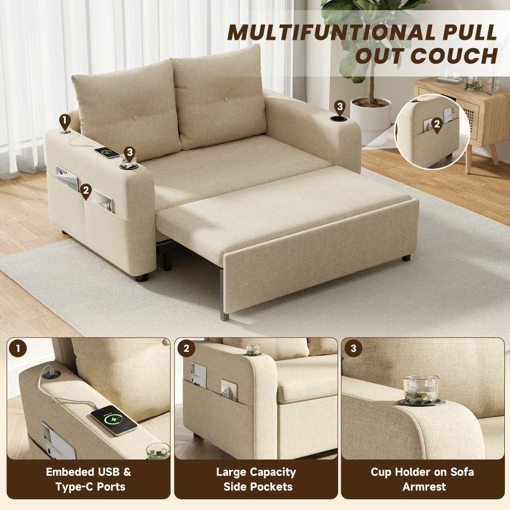Canapé-lit 3-en-1, convertible, double avec porte-gobelet, poches latérales, coussins, USB, design moderne, beige - 8