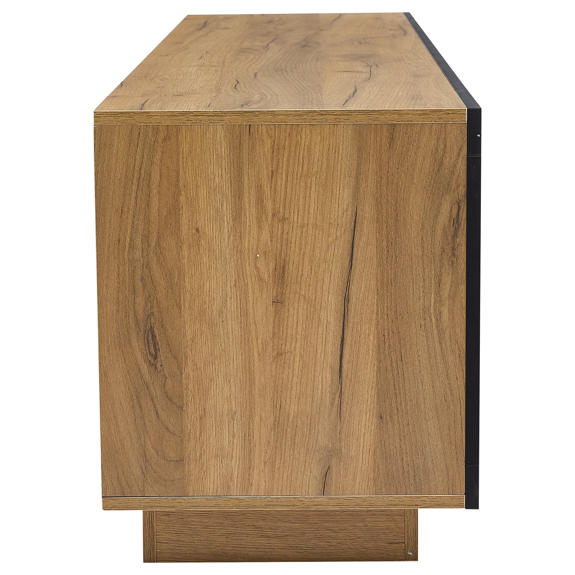 Meuble TV avec 1 porte, 1 tiroir et 2 compartiments - 160 x 40 x 50 cm - Panneau de particules et étagère en verre - LEDs - Noir et chêne - 4