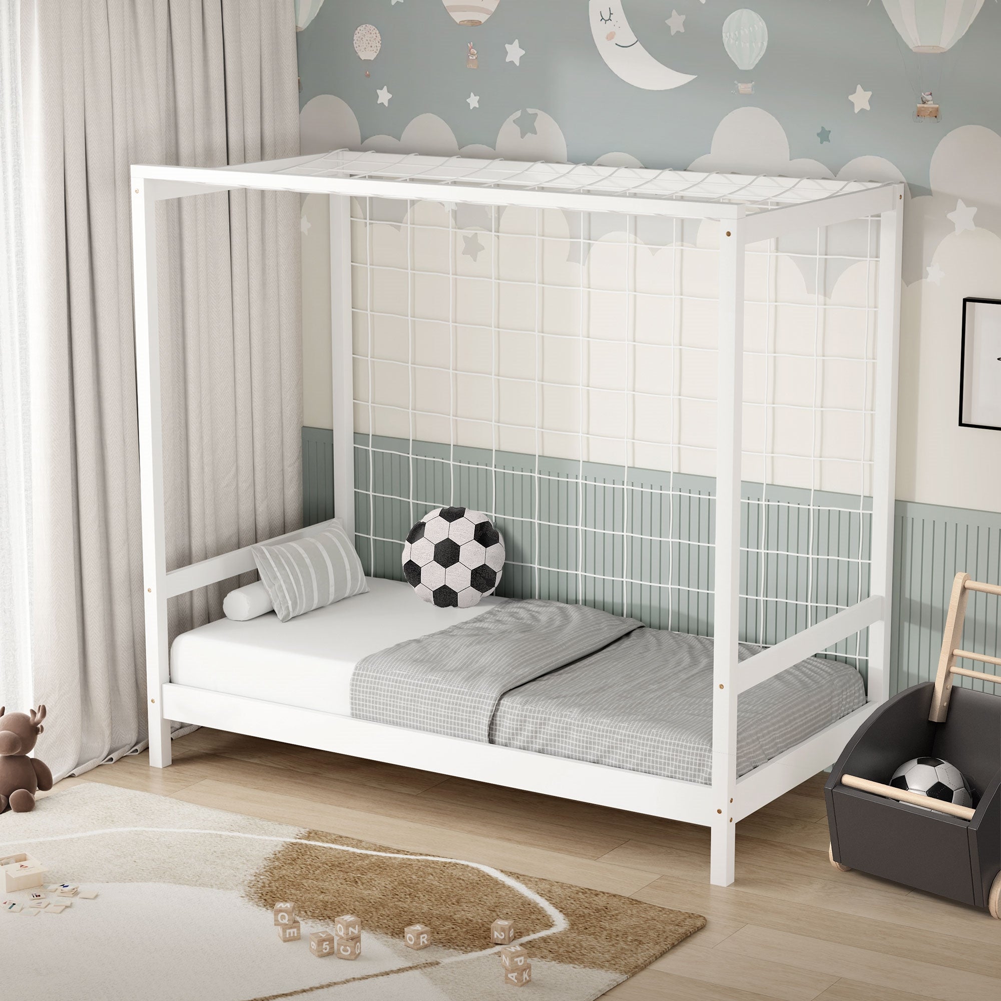 ML-Design łóżko dziecięce biały sosnowe 80x160 cm z materac H:10 cm bramka piłkarska ramą z listew siatką dla chłopców i dziewczynek łóżko do zabawy