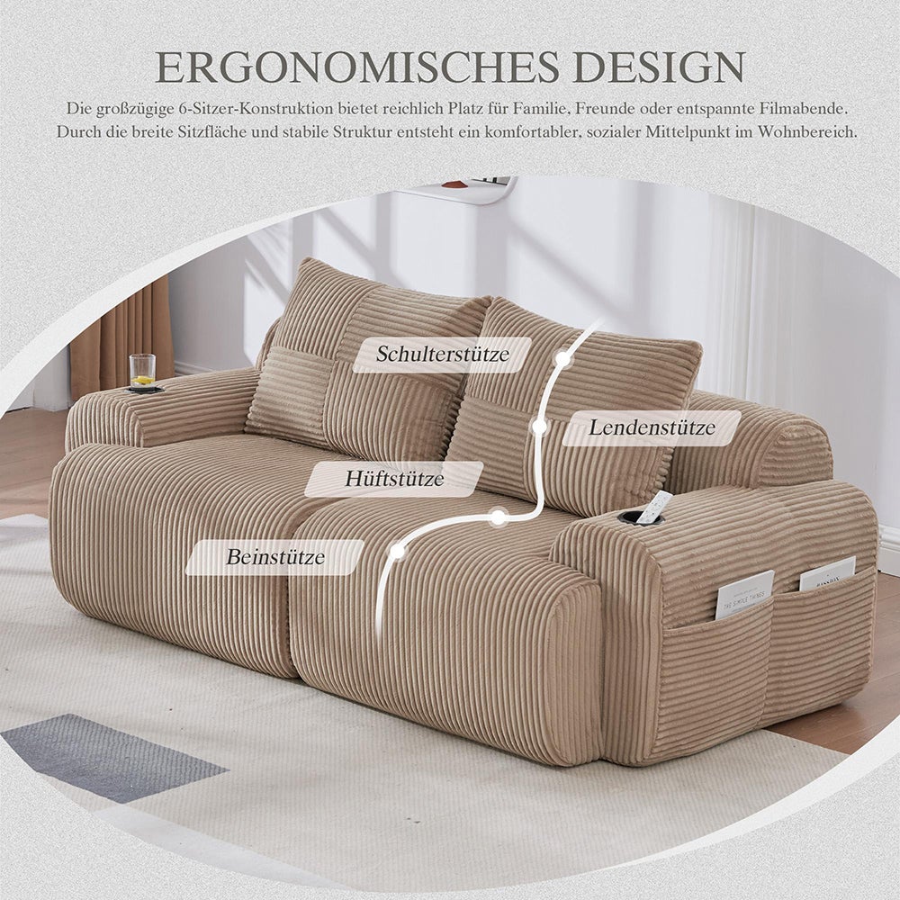 Canapé 2 places 200 cm - Canapé modulable avec accoudoirs - Porte-gobelets - Sans montage - Tissu velours côtelé - Kaki - 3