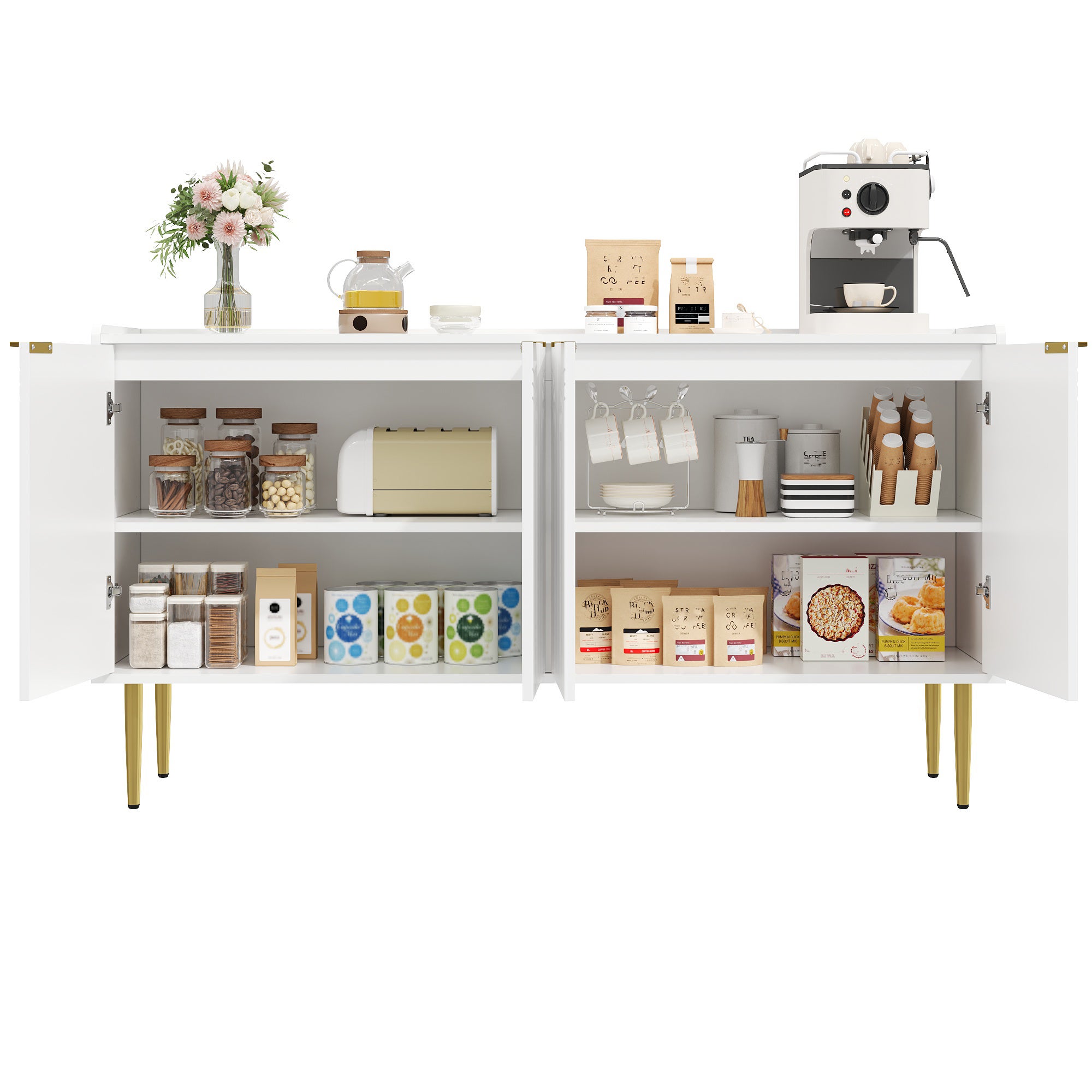 Nowoczesny buffet 140x38x75 cm - 4 fronty - Nogi metalowe - MDF - Biały - 7