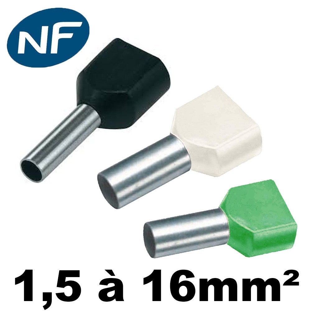 Embout De Câblage Double Pour Fil Souple De 0,75mm² à 16mm² - Section / Couleur - Double Embout Noir - 1.5mm² - Sachet De 100 | Leroy Merlin