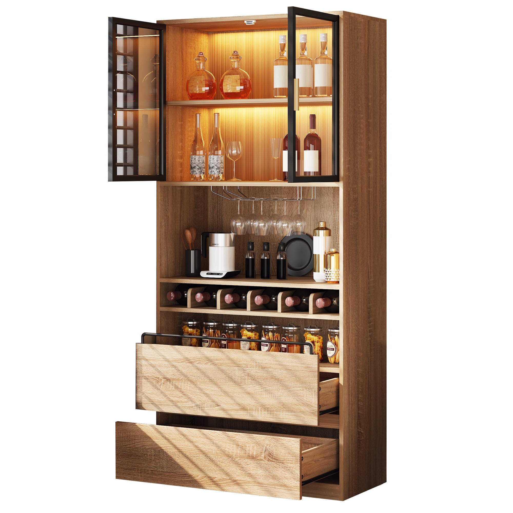 Vitrine avec 2 portes en verre et 2 tiroirs - 80 x 40 x 180 cm - LEDs - Bois MDF - Naturel - 3