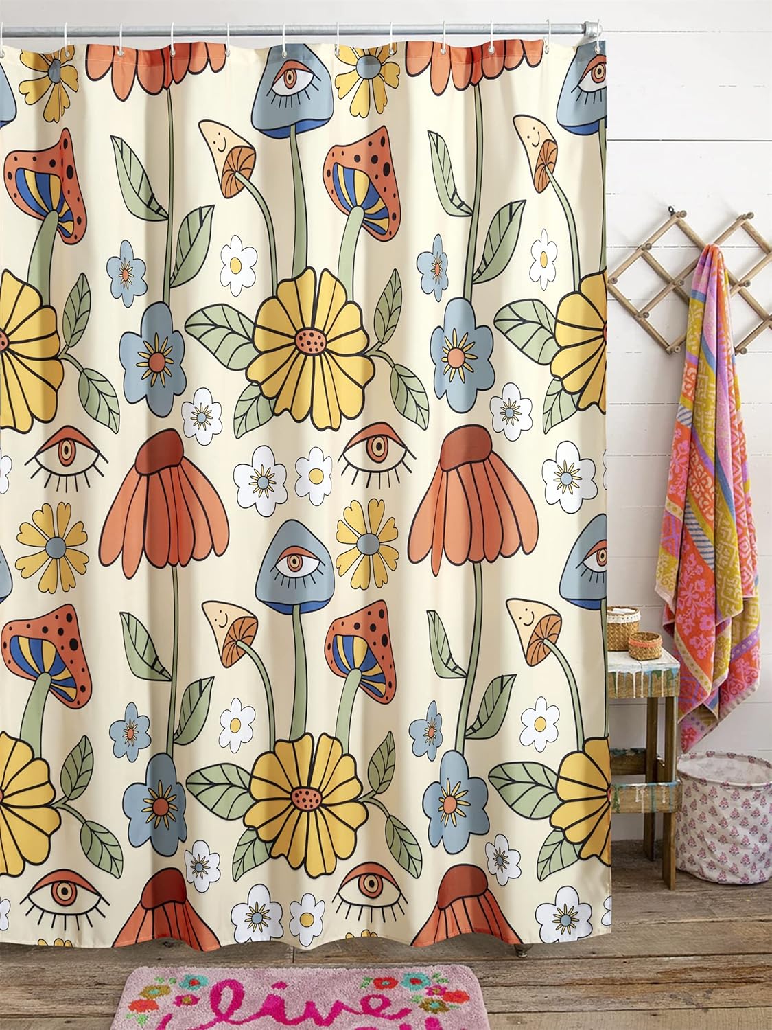 Zasłona prysznicowa retro z lat 70. - psychodeliczny wzór kwiatowy - żółty i pomarańczowy - funky grzyby - kwiaty i oczy - styl vintage hippie -Decora
