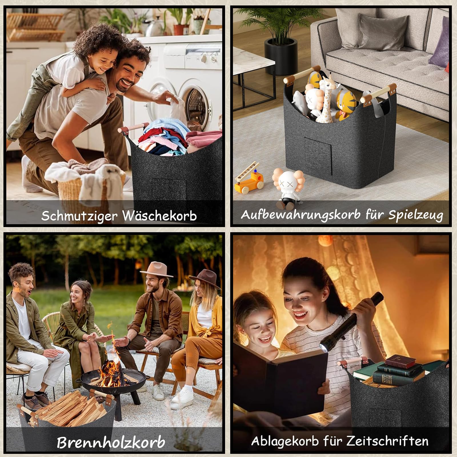 Panier à bois de chauffage, grand panier à bois de chauffage, sac en feutre, panier de rangement pour bois de chauffage, 45 x 32 x 40 cm - 7