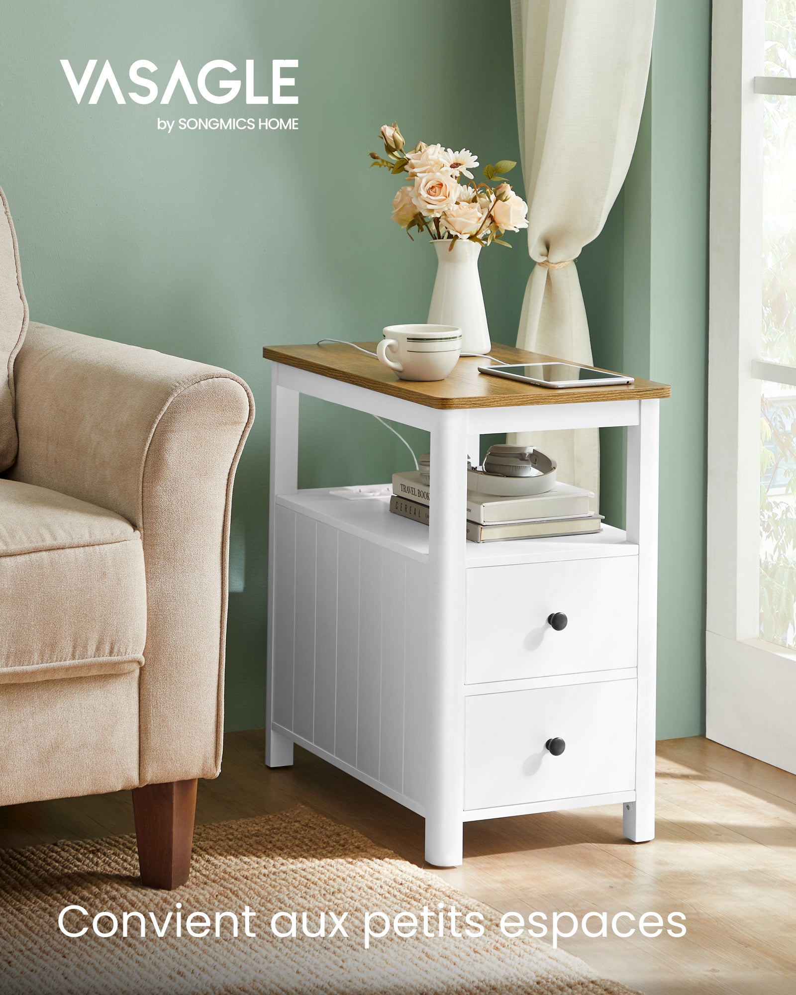 Table d’Appoint avec Multiprise, Petite Table Basse avec Étagère de Rangement, Marron Chêne et Blanc - 2