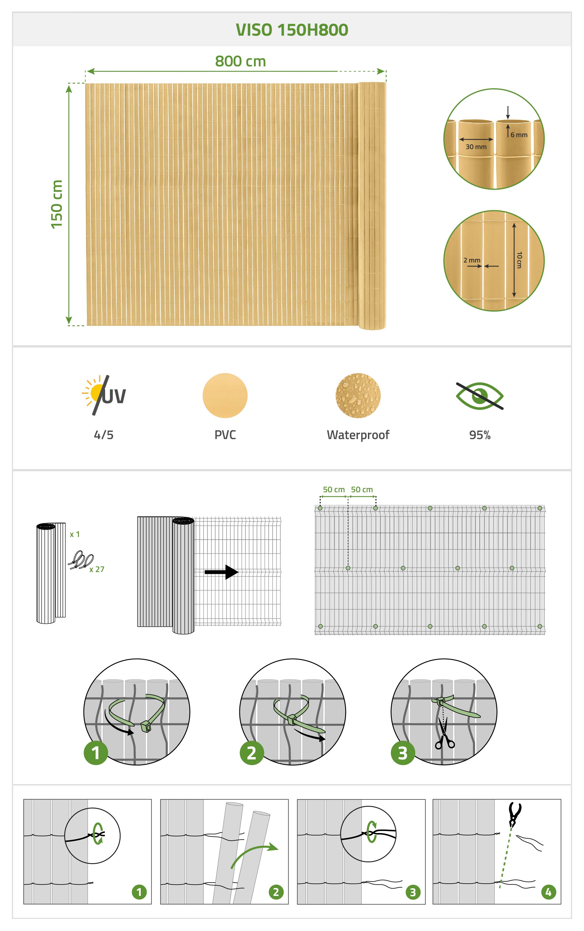 Siatka trzcinowa PCV VISO, 8m długości x 1,5m wysokości, beżowa
