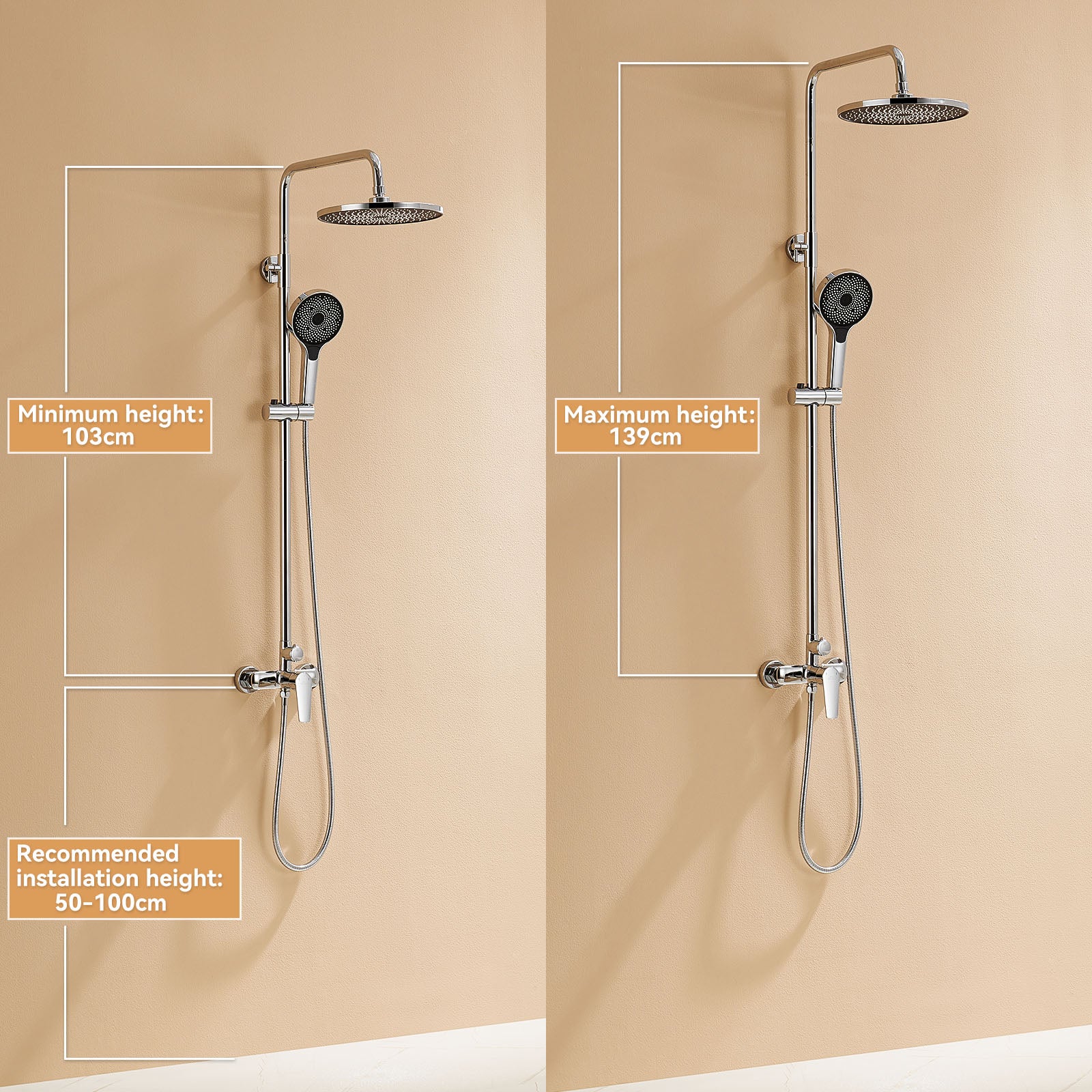 Colonne de Douche Mécanique Chromé,Ensemble Douche Ronde,Tête Douche10 Pouces,Douchette avec 3 Jets D'eau,Hauteur Réglable103-139 cm,EU Modèle - 6