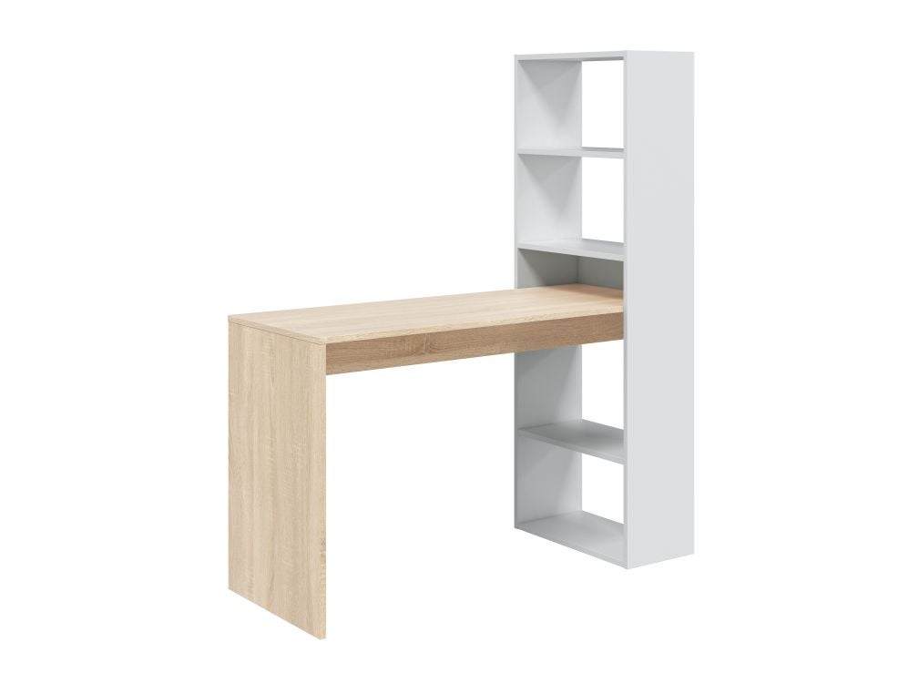 Bureau ADELE avec étagère de rangement réversible intégrée L120cm X P53cm X H144cm - Blanc / Bois - 4