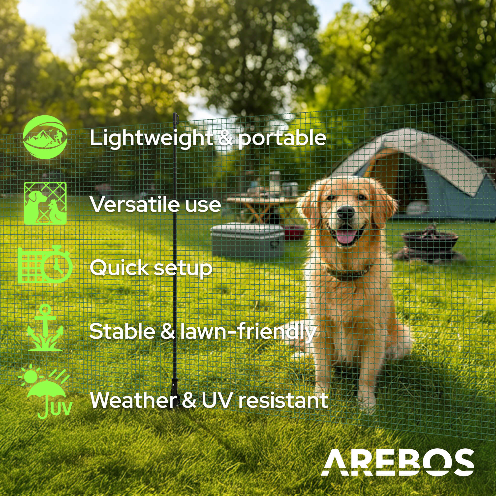 AREBOS Kit de clôture mobile 15 m, filet en plastique HDPE avec 9 poteaux, léger et idéal pour jardin, animaux et extérieur - 3
