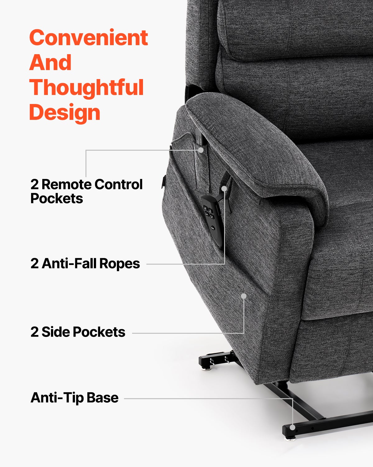 Fauteuil Inclinable Électrique Releveur,VEVOR Chaleur Massage pour Personnes Âgées,Double Moteur,2 Cordes Anti-Chute,Réglage Infini,Gris Foncé,M - 6