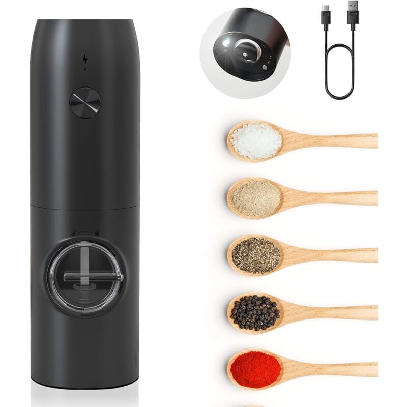 Akumulatorowy elektryczny młynek do pieprzu, automatyczny młynek do soli i pieprzu z białym światłem LED, regulowana grubość mielenia, obsługa jedną r