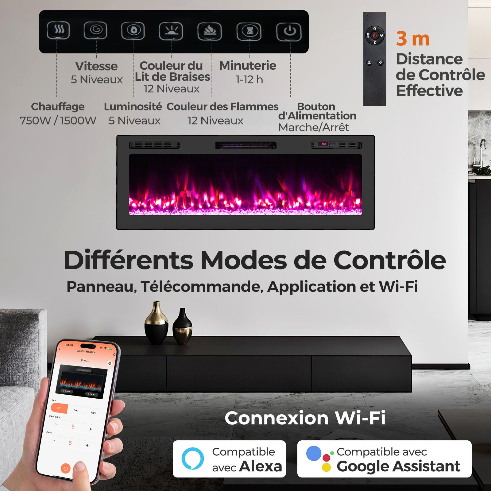 127cm Cheminée Électrique avec Chauffage 750W/1500W | Cheminee Decorative avec Effet Flamme LED | 12 Couleurs | 5 Luminosités | 5 Vitesses - 8