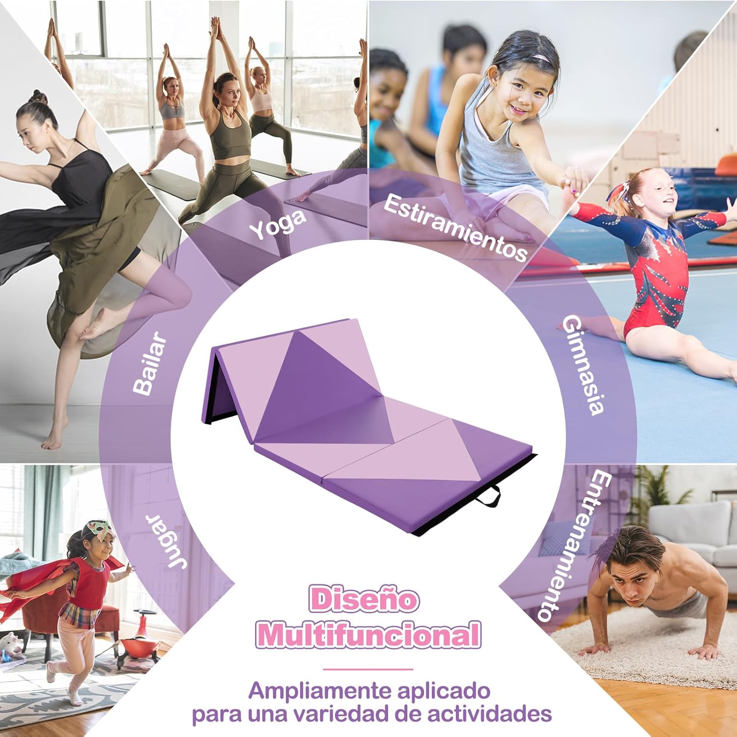 Tapete de ginástica dobrável, 240 x 117 x 5 cm, 4 dobras e alças laterais para transporte, tapete de ginástica em couro impermeável, ioga - 5