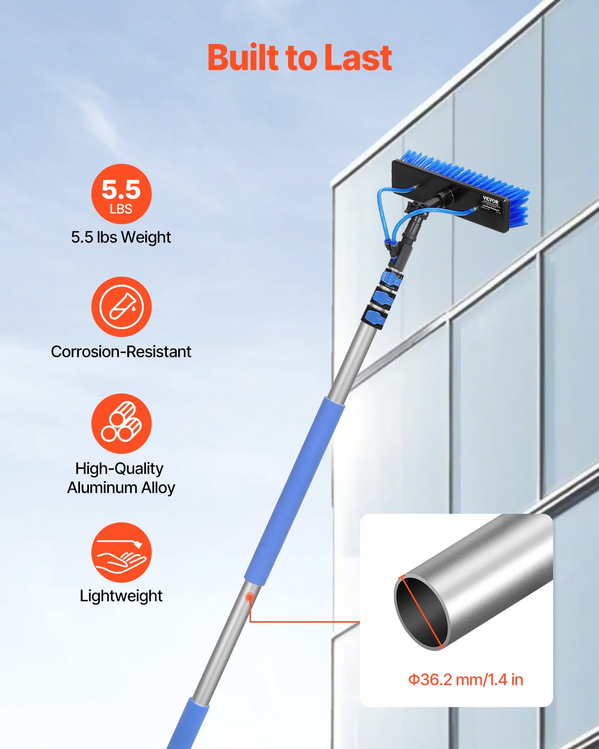 Kit perche télescopique VEVOR 3,6 m,brosse rotative 180°,tuyau 20 m,outil nettoyage panneaux solaires/vitres alimenté eau - 5