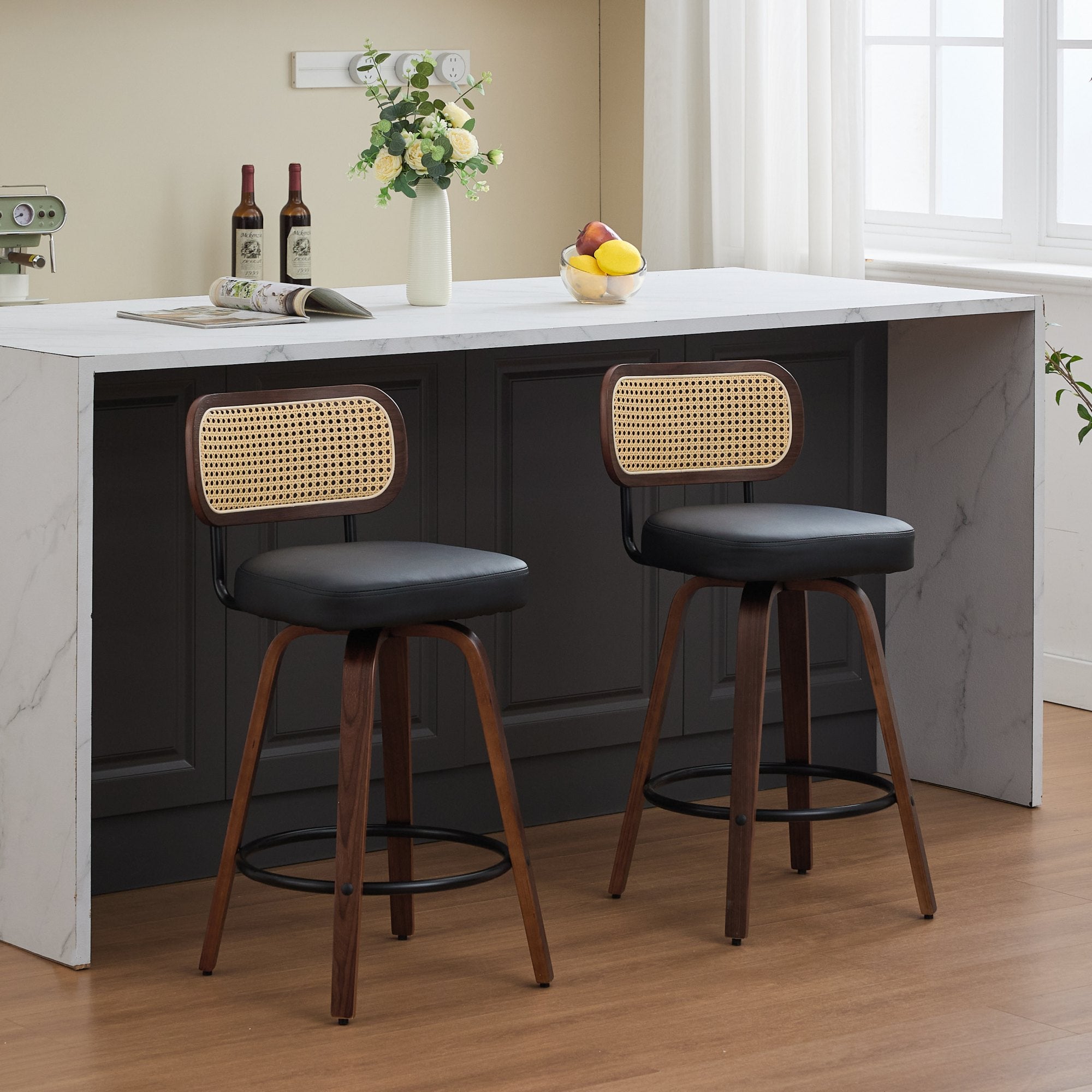 Lot de 2 chaise de bar Noyer Hauteur Comptoir 66 cm, Tabouret de bar Dossier en Cannage, Assise Rembourrée Noir, Salle a manger Fonction Pivotante - 2