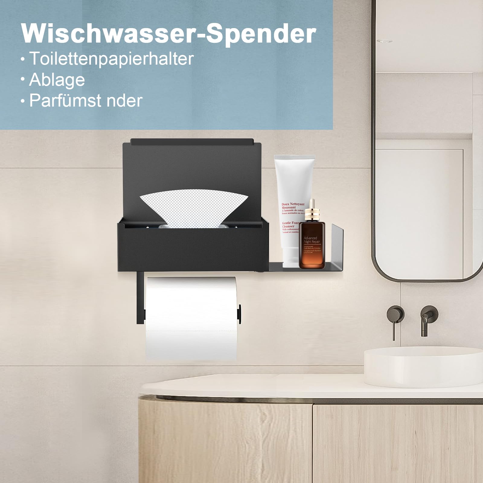 Porte-papier toilette aucun perçage requis, porte-papier toilette avec boîte et plateau de lingettes humides, porte-rouleau de papier toilette - 3