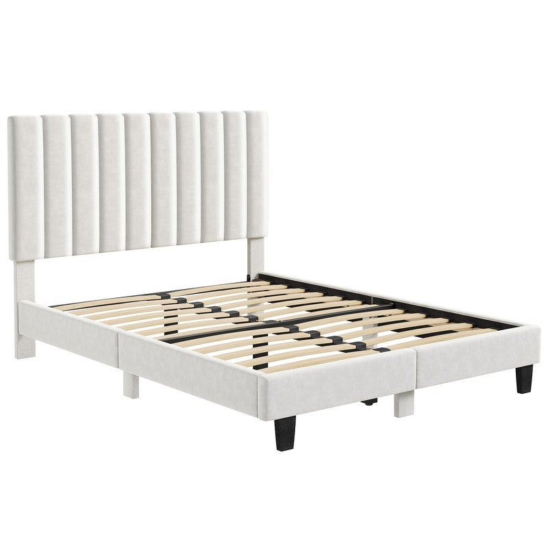 Lit 140x190 cm HavenlyHome, Lit Capitonné en Velours avec Tête de Lit et Sommier à Lattes, Lit Adulte pour 2 Personnes, Beige - 8