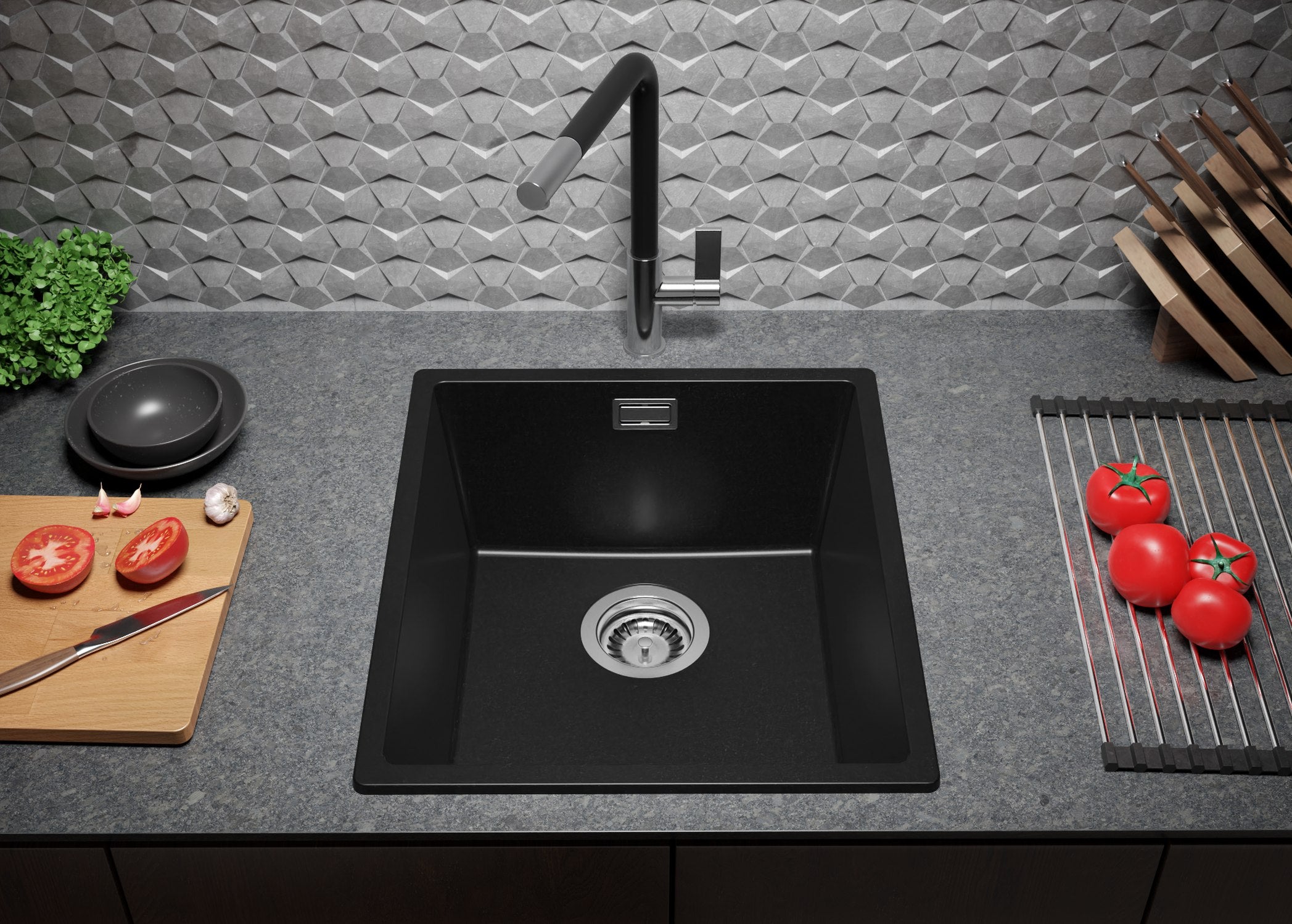 Lavandino da Cucina Nero 41x47cm, Lavello in Granito a 1 vasca + Sifone Classico + Accessori, Lavabo da Cucina Incasso al mobile 45cm PRIMAGRAN - 3